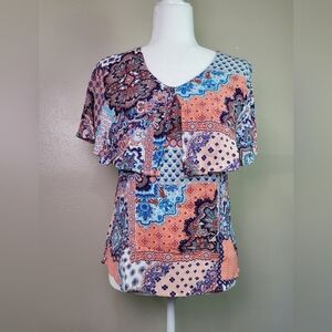 Chico’s Size 0 Small 4/6 Patch Print Flutter Sleeve Top V Neck  Women’s